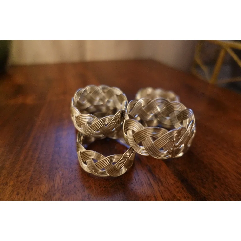 Vintage silver tone metal with double twisted helix design set of 6 napkin rings